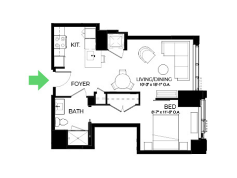 Floor plan for 1 bed, 1 bath, 636 sqft